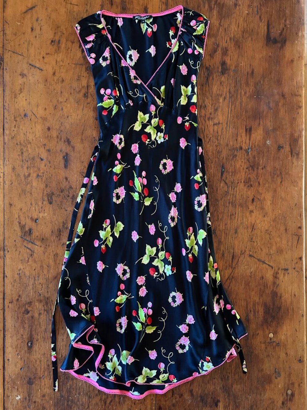 Vintage Betsey Johnson Strawberries Cherries Flowers Silk Milk Maid Dress